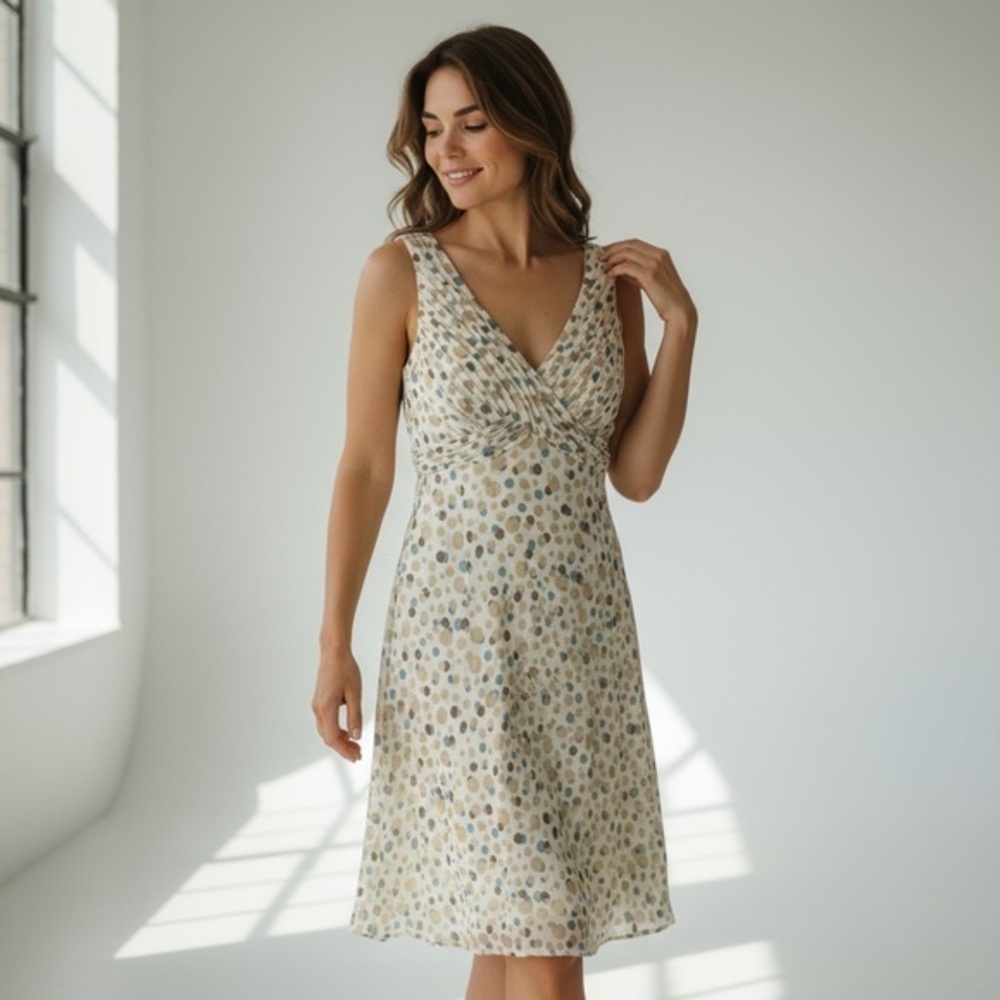 Adrianna Papell Ivory Polka Dot Midi Dress Size 10 Sleeveless V-Neck Lined